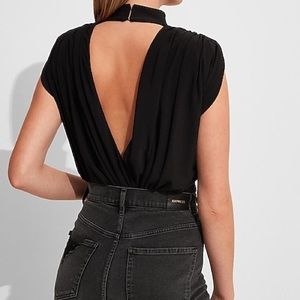 Draped Mock Neck Open Back Thong Bodysuit
